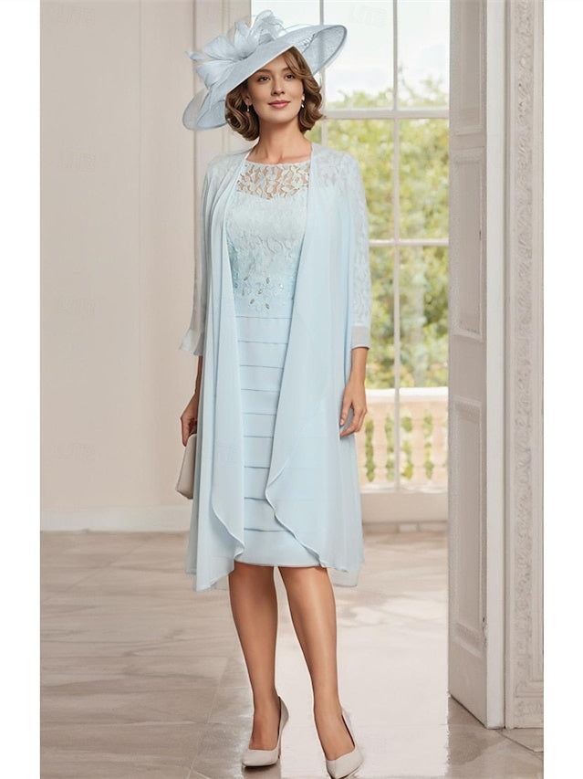 Robe de Mère de la Mariée en Deux Pièces, Fourreau/Colonne, Longueur Genou, Col Bijou, avec Veste