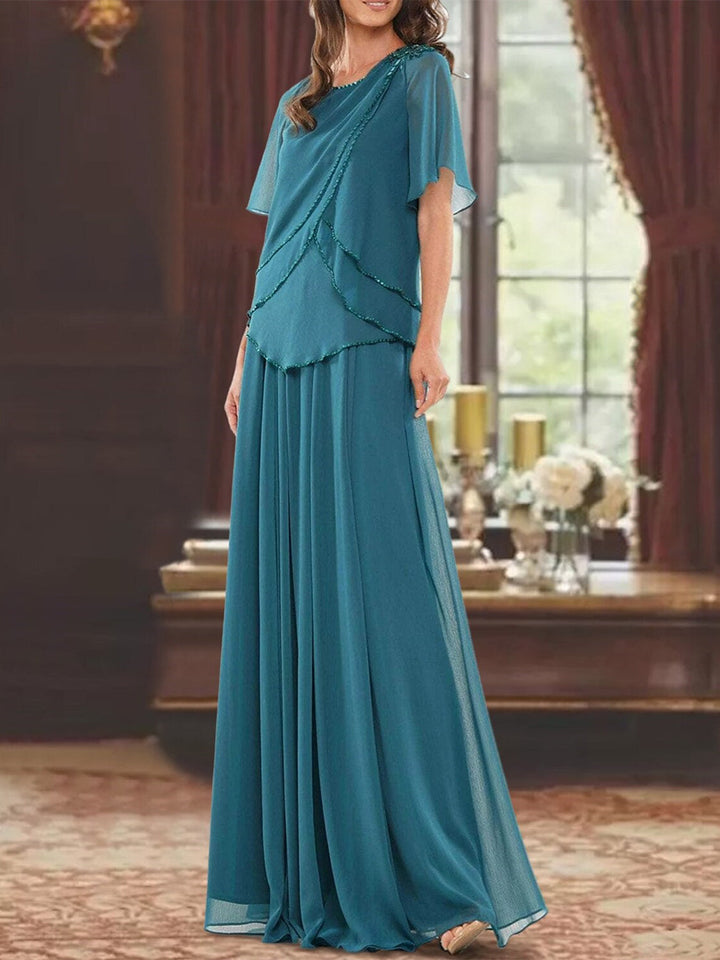 Robe de Mère de la Mariée Coupe A-Line/Princesse, Col Bijou, Manches Courtes, Longueur Au Sol, avec Plis et Perles