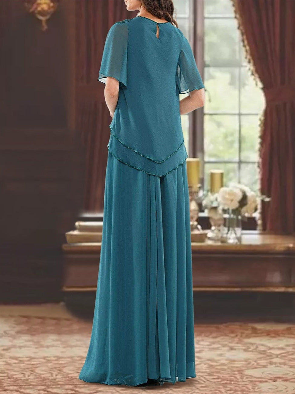 Robe de Mère de la Mariée Coupe A-Line/Princesse, Col Bijou, Manches Courtes, Longueur Au Sol, avec Plis et Perles