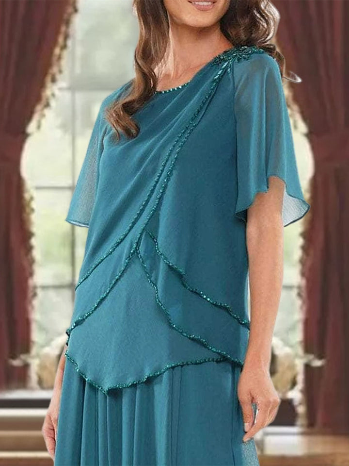 Robe de Mère de la Mariée Coupe A-Line/Princesse, Col Bijou, Manches Courtes, Longueur Au Sol, avec Plis et Perles