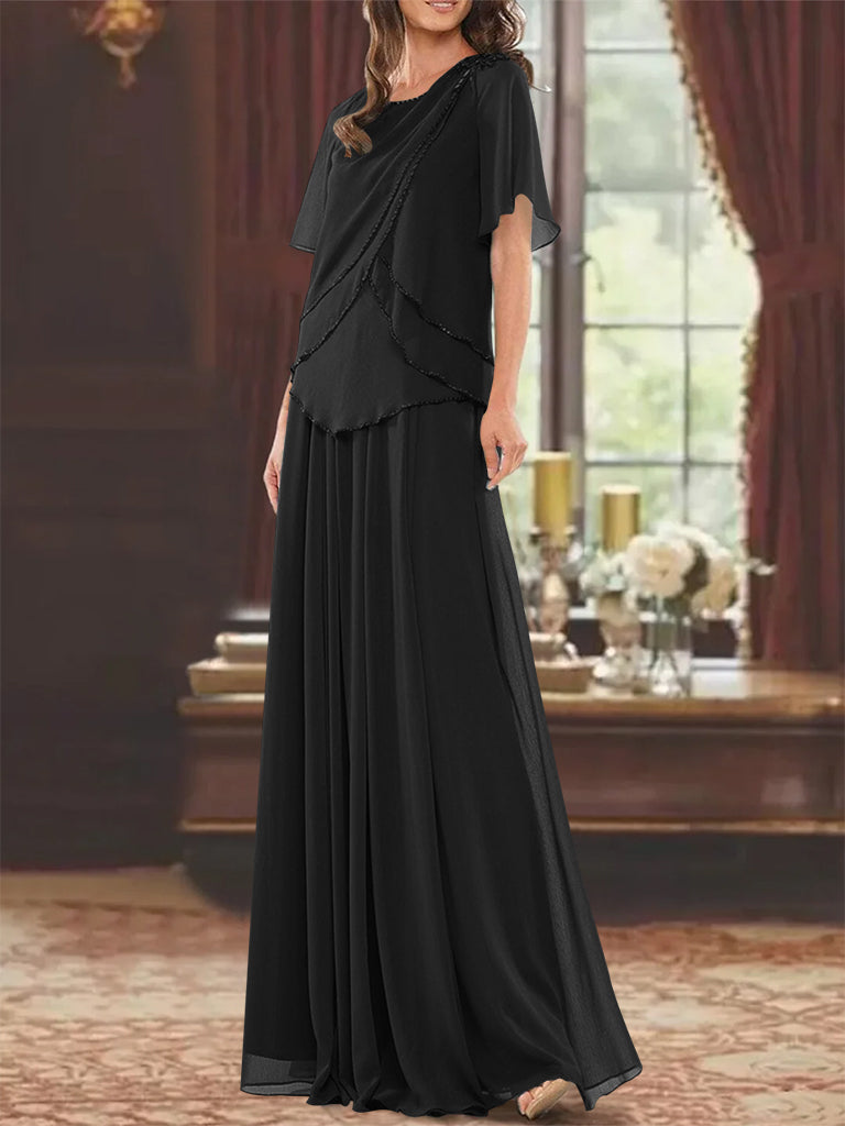 Robe de Mère de la Mariée Coupe A-Line/Princesse, Col Bijou, Manches Courtes, Longueur Au Sol, avec Plis et Perles