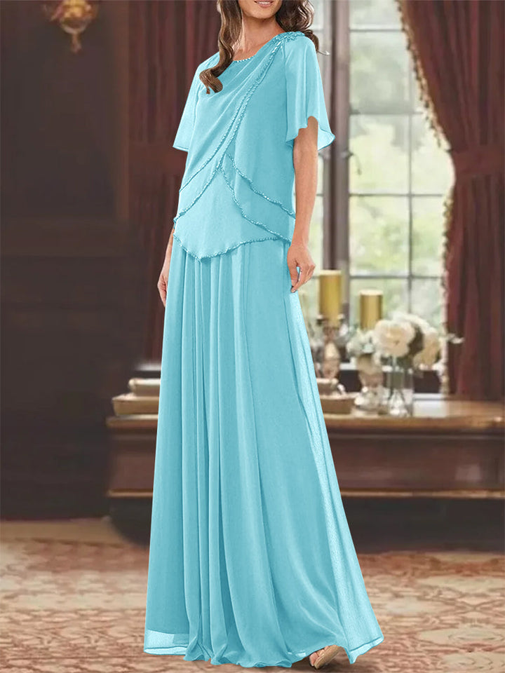 Robe de Mère de la Mariée Coupe A-Line/Princesse, Col Bijou, Manches Courtes, Longueur Au Sol, avec Plis et Perles
