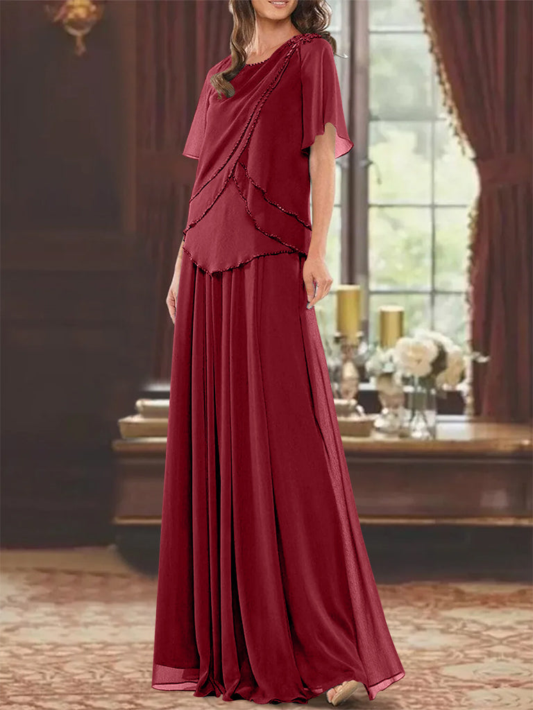 Robe de Mère de la Mariée Coupe A-Line/Princesse, Col Bijou, Manches Courtes, Longueur Au Sol, avec Plis et Perles