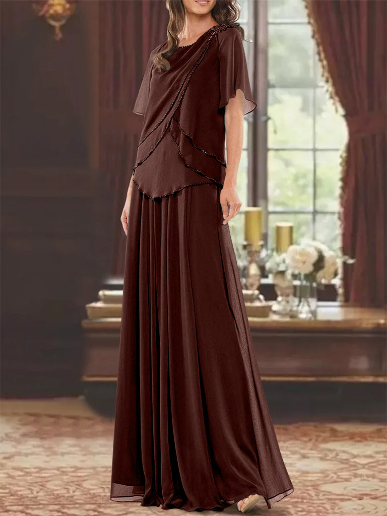 Robe de Mère de la Mariée Coupe A-Line/Princesse, Col Bijou, Manches Courtes, Longueur Au Sol, avec Plis et Perles