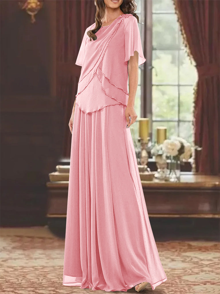 Robe de Mère de la Mariée Coupe A-Line/Princesse, Col Bijou, Manches Courtes, Longueur Au Sol, avec Plis et Perles