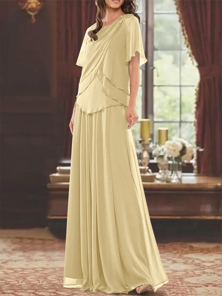 Robe de Mère de la Mariée Coupe A-Line/Princesse, Col Bijou, Manches Courtes, Longueur Au Sol, avec Plis et Perles