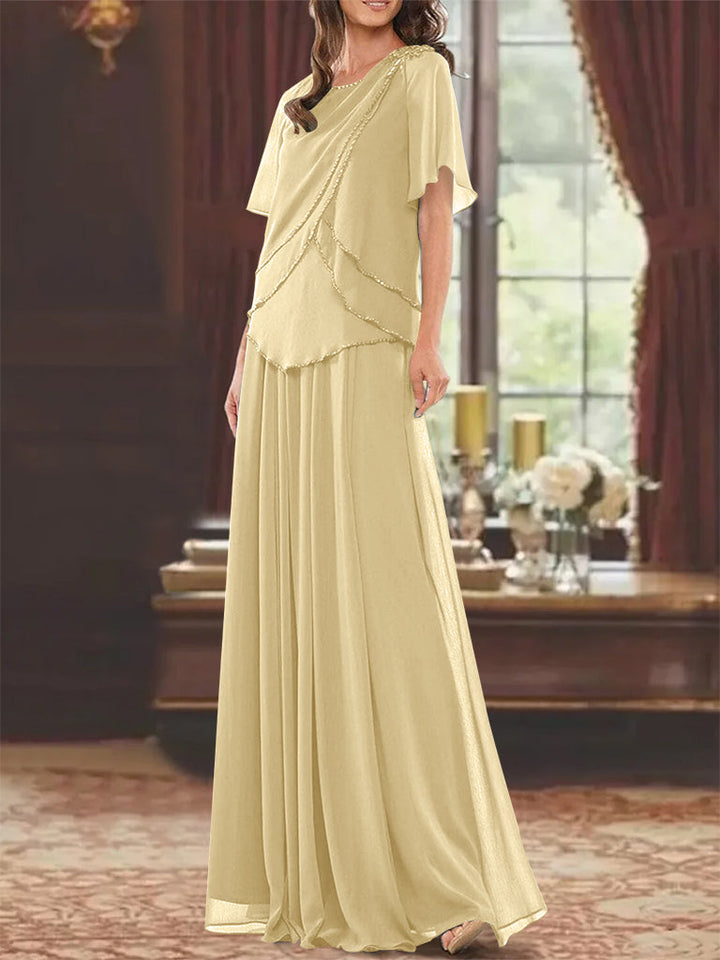 Robe de Mère de la Mariée Coupe A-Line/Princesse, Col Bijou, Manches Courtes, Longueur Au Sol, avec Plis et Perles