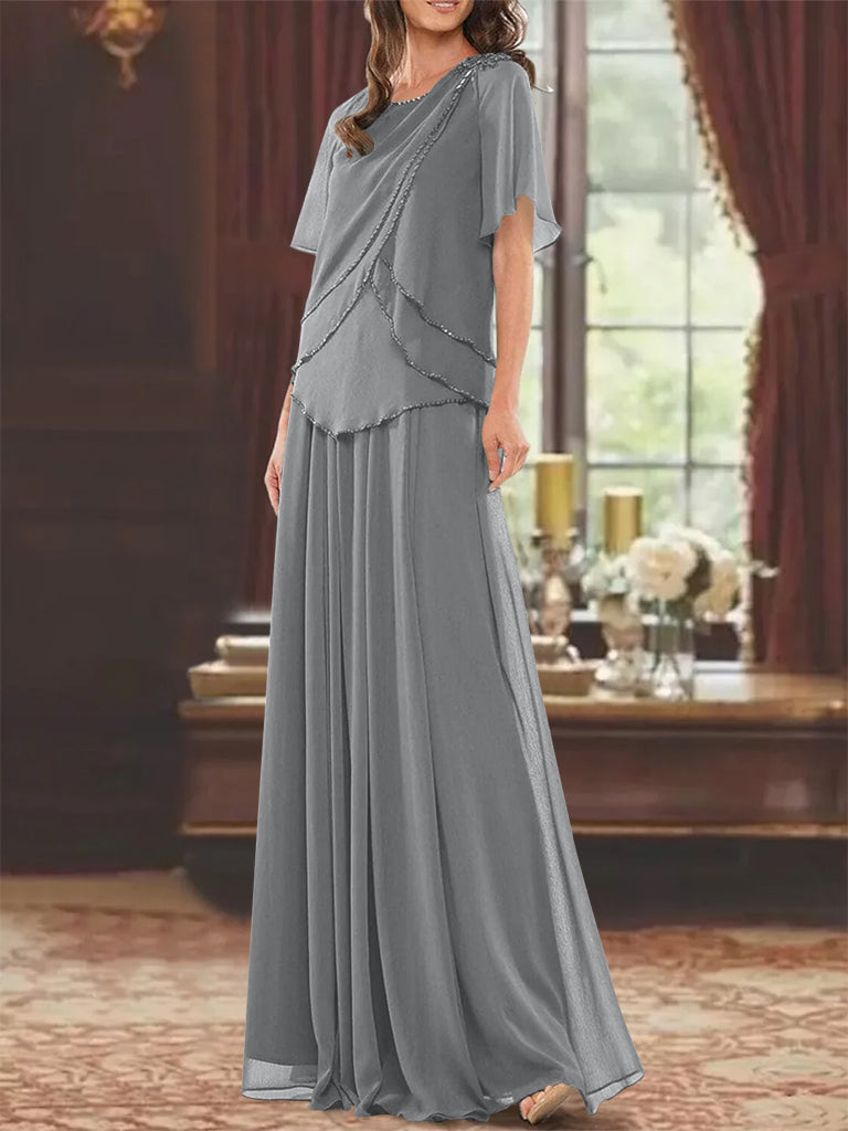 Robe de Mère de la Mariée Coupe A-Line/Princesse, Col Bijou, Manches Courtes, Longueur Au Sol, avec Plis et Perles