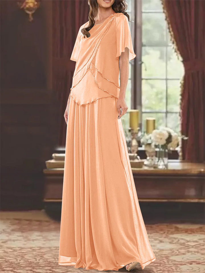 Robe de Mère de la Mariée Coupe A-Line/Princesse, Col Bijou, Manches Courtes, Longueur Au Sol, avec Plis et Perles