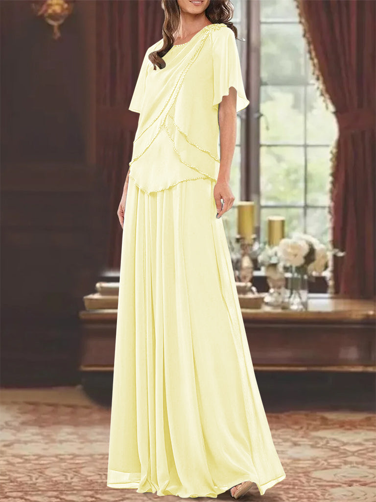 Robe de Mère de la Mariée Coupe A-Line/Princesse, Col Bijou, Manches Courtes, Longueur Au Sol, avec Plis et Perles