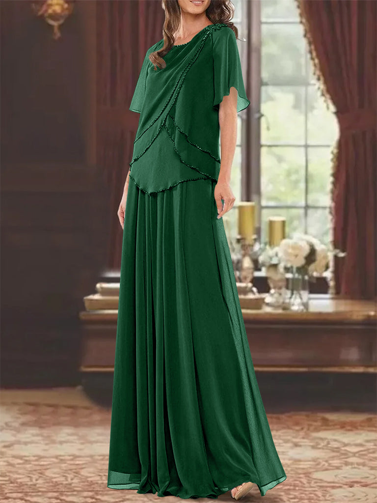 Robe de Mère de la Mariée Coupe A-Line/Princesse, Col Bijou, Manches Courtes, Longueur Au Sol, avec Plis et Perles