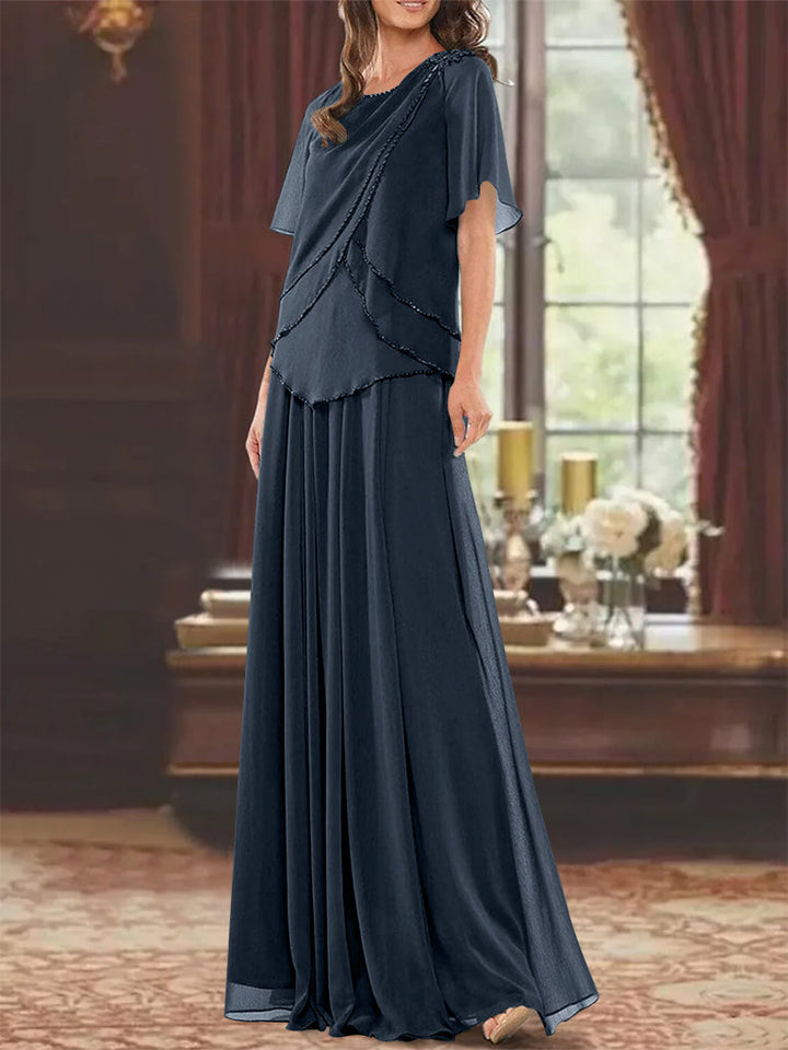 Robe de Mère de la Mariée Coupe A-Line/Princesse, Col Bijou, Manches Courtes, Longueur Au Sol, avec Plis et Perles