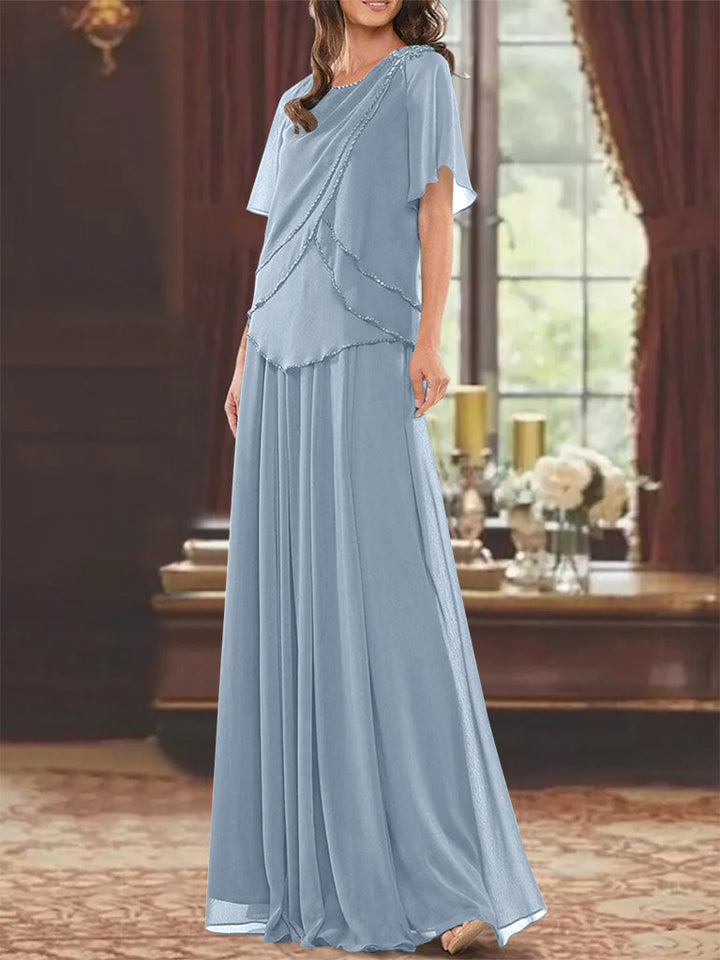 Robe de Mère de la Mariée Coupe A-Line/Princesse, Col Bijou, Manches Courtes, Longueur Au Sol, avec Plis et Perles