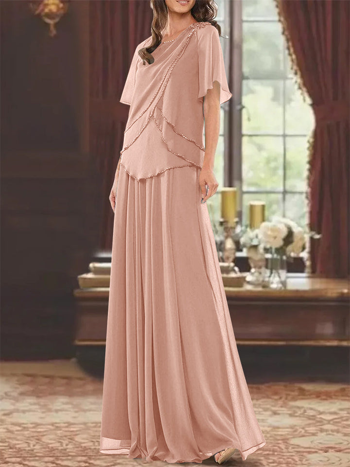 Robe de Mère de la Mariée Coupe A-Line/Princesse, Col Bijou, Manches Courtes, Longueur Au Sol, avec Plis et Perles