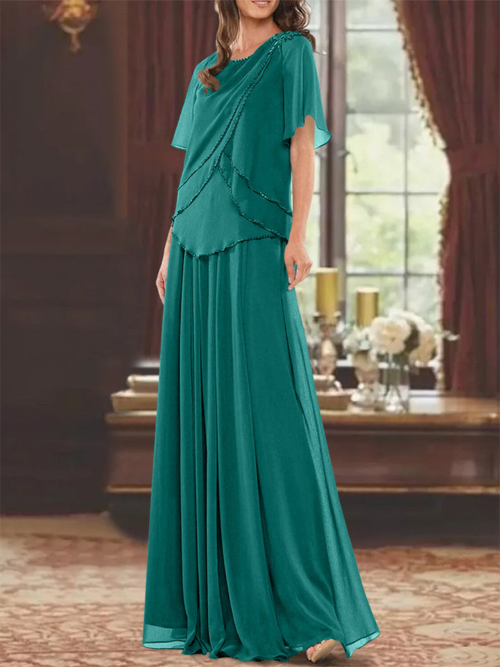 Robe de Mère de la Mariée Coupe A-Line/Princesse, Col Bijou, Manches Courtes, Longueur Au Sol, avec Plis et Perles