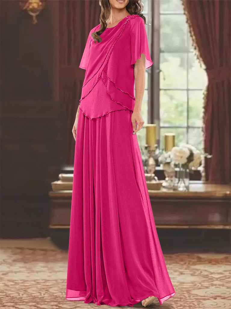 Robe de Mère de la Mariée Coupe A-Line/Princesse, Col Bijou, Manches Courtes, Longueur Au Sol, avec Plis et Perles