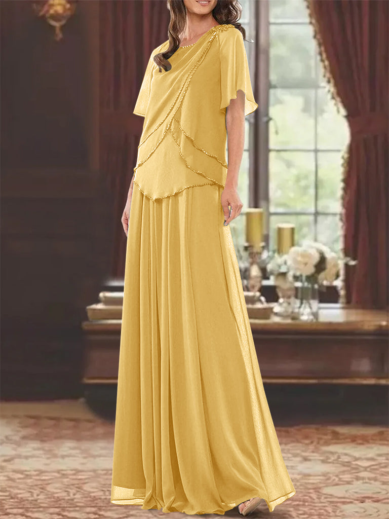 Robe de Mère de la Mariée Coupe A-Line/Princesse, Col Bijou, Manches Courtes, Longueur Au Sol, avec Plis et Perles
