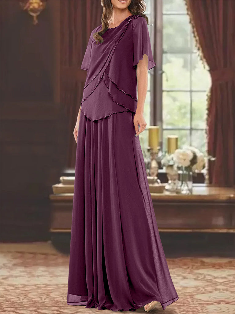 Robe de Mère de la Mariée Coupe A-Line/Princesse, Col Bijou, Manches Courtes, Longueur Au Sol, avec Plis et Perles