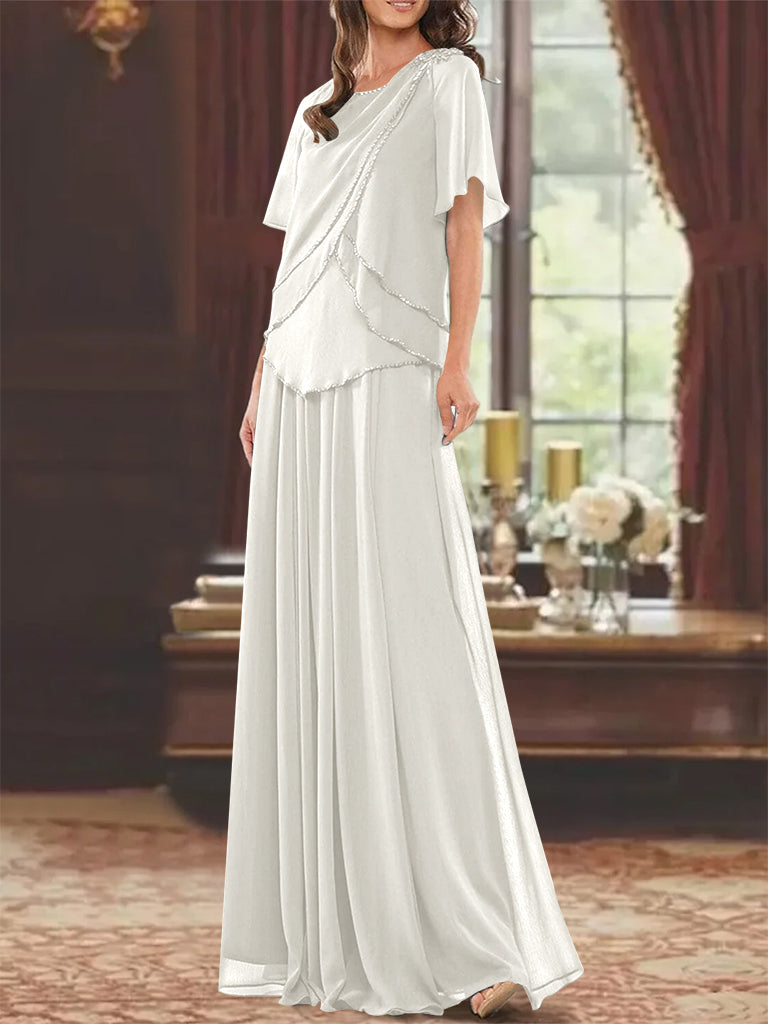 Robe de Mère de la Mariée Coupe A-Line/Princesse, Col Bijou, Manches Courtes, Longueur Au Sol, avec Plis et Perles