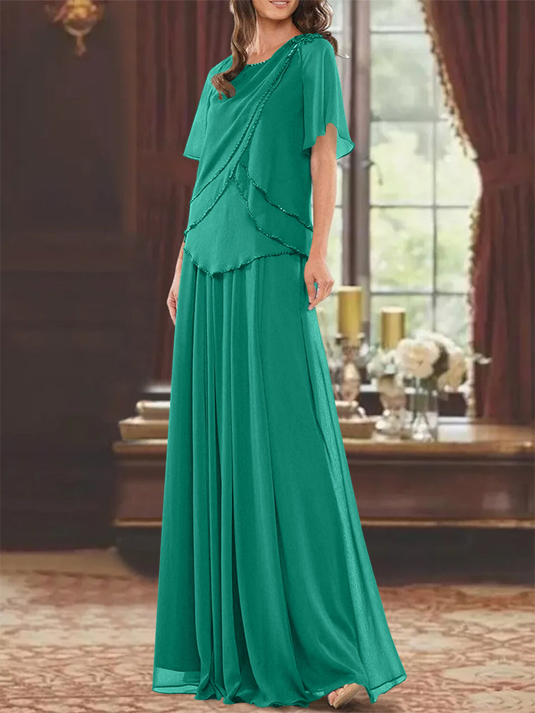 Robe de Mère de la Mariée Coupe A-Line/Princesse, Col Bijou, Manches Courtes, Longueur Au Sol, avec Plis et Perles