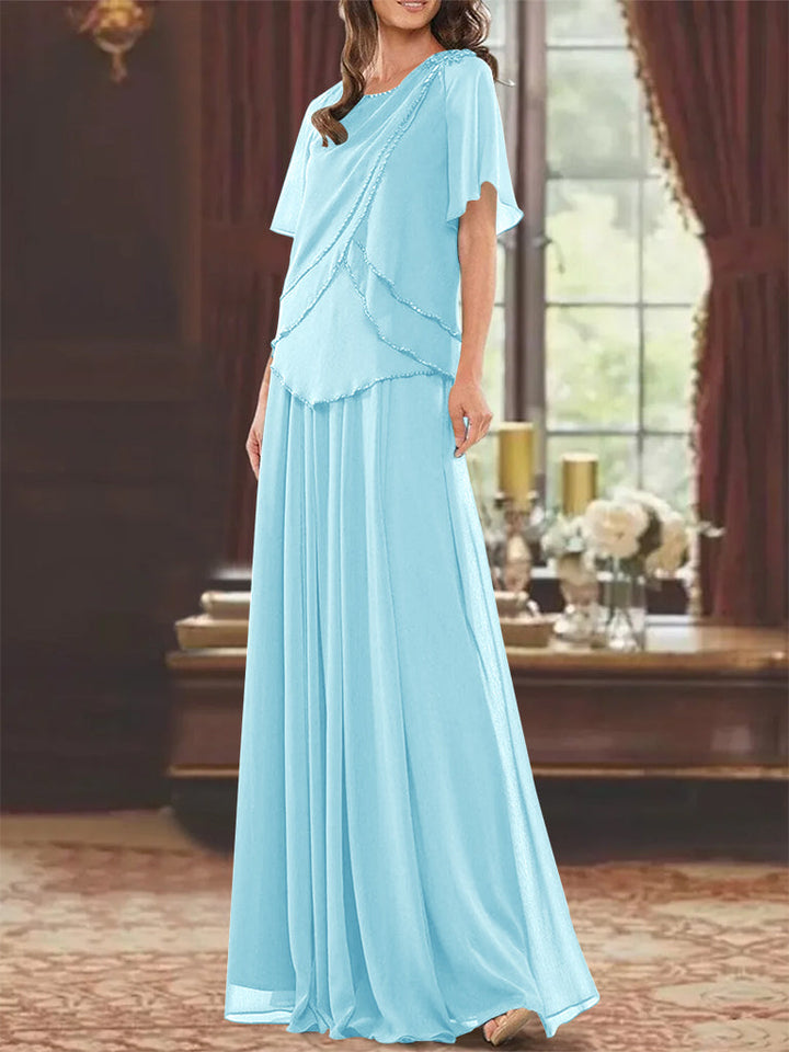 Robe de Mère de la Mariée Coupe A-Line/Princesse, Col Bijou, Manches Courtes, Longueur Au Sol, avec Plis et Perles