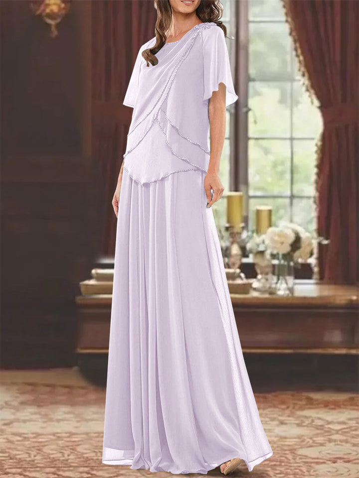 Robe de Mère de la Mariée Coupe A-Line/Princesse, Col Bijou, Manches Courtes, Longueur Au Sol, avec Plis et Perles