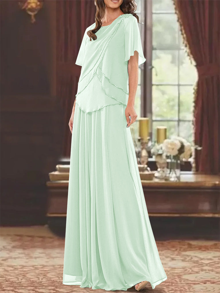 Robe de Mère de la Mariée Coupe A-Line/Princesse, Col Bijou, Manches Courtes, Longueur Au Sol, avec Plis et Perles