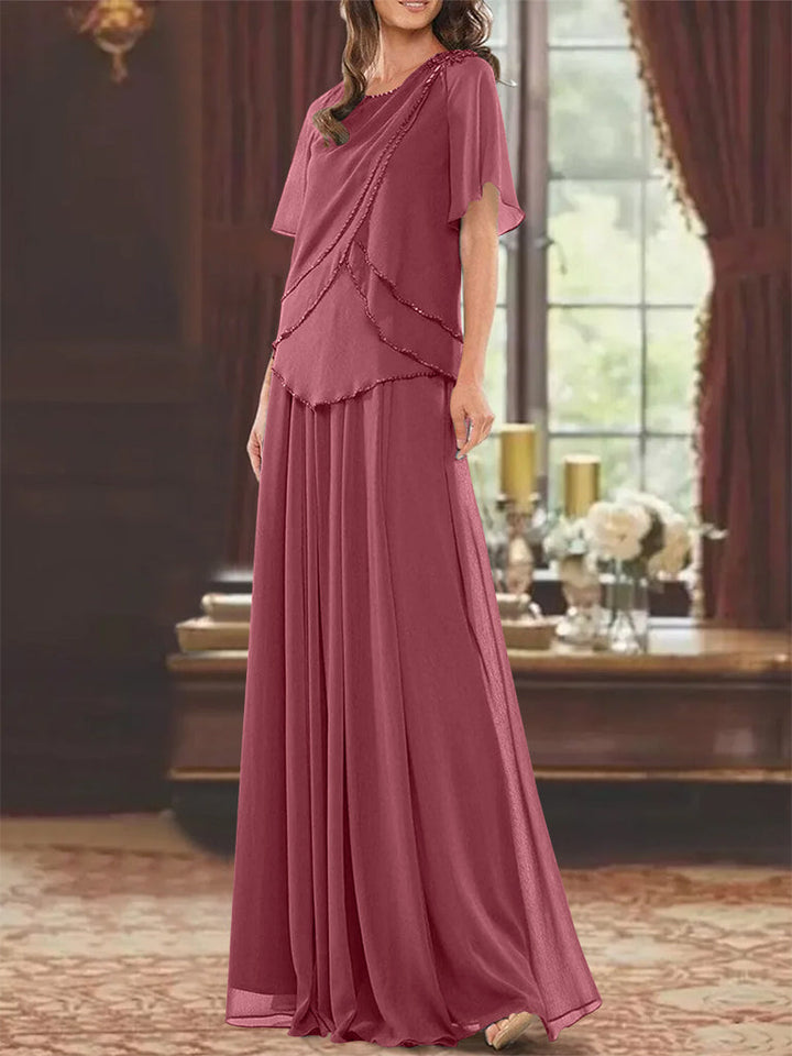 Robe de Mère de la Mariée Coupe A-Line/Princesse, Col Bijou, Manches Courtes, Longueur Au Sol, avec Plis et Perles