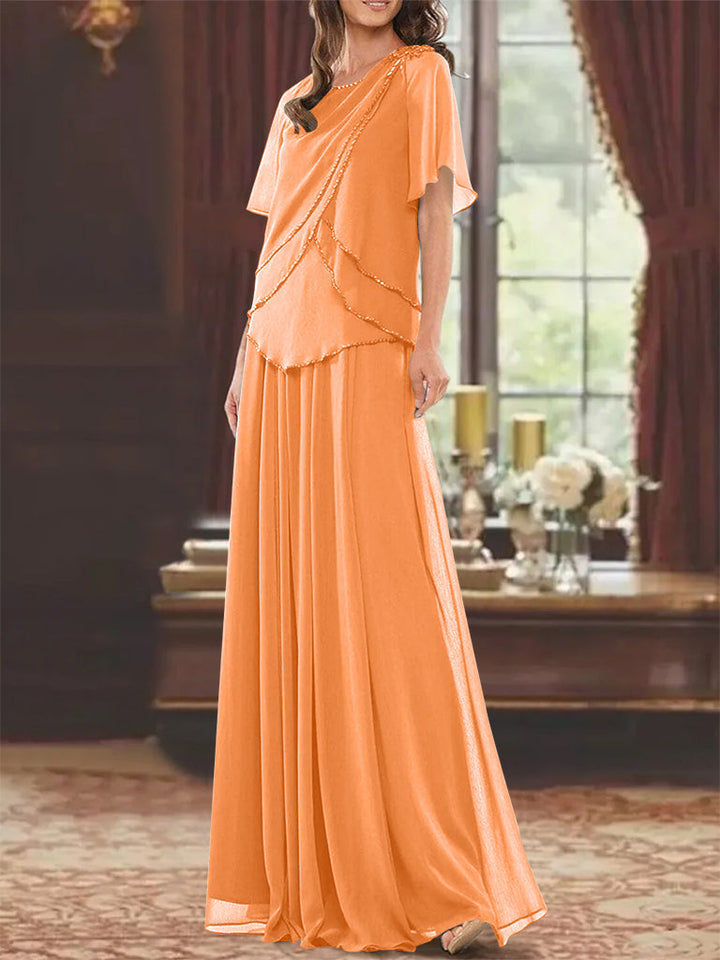 Robe de Mère de la Mariée Coupe A-Line/Princesse, Col Bijou, Manches Courtes, Longueur Au Sol, avec Plis et Perles