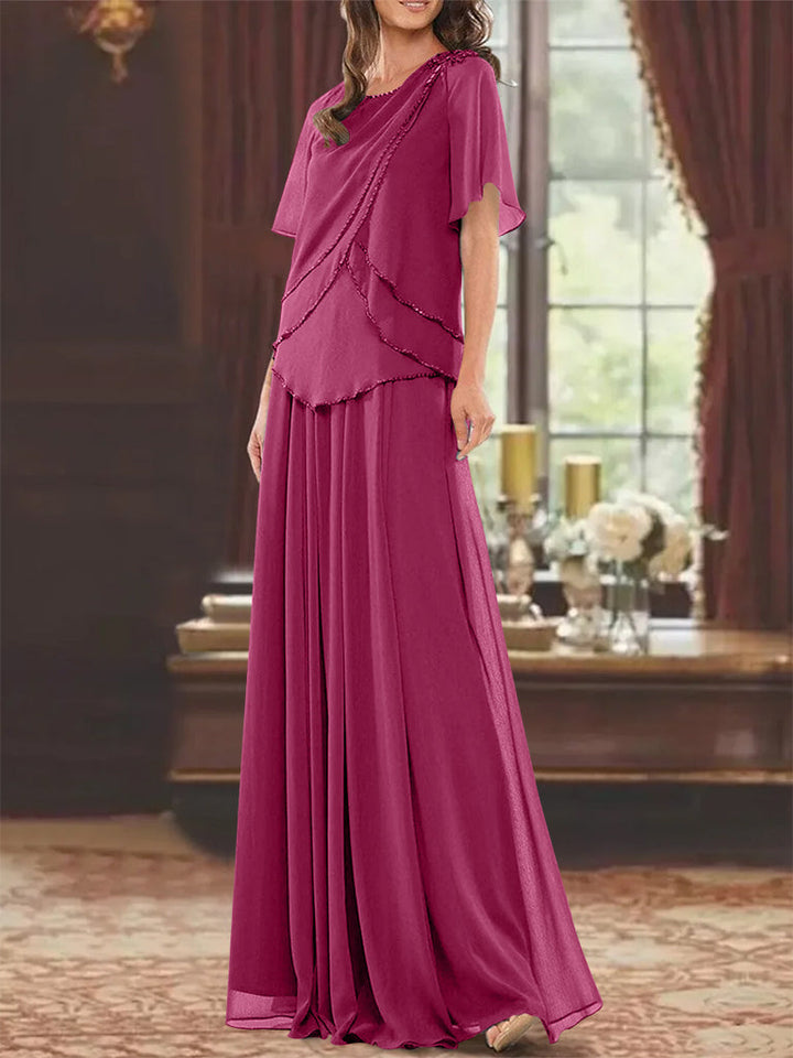 Robe de Mère de la Mariée Coupe A-Line/Princesse, Col Bijou, Manches Courtes, Longueur Au Sol, avec Plis et Perles