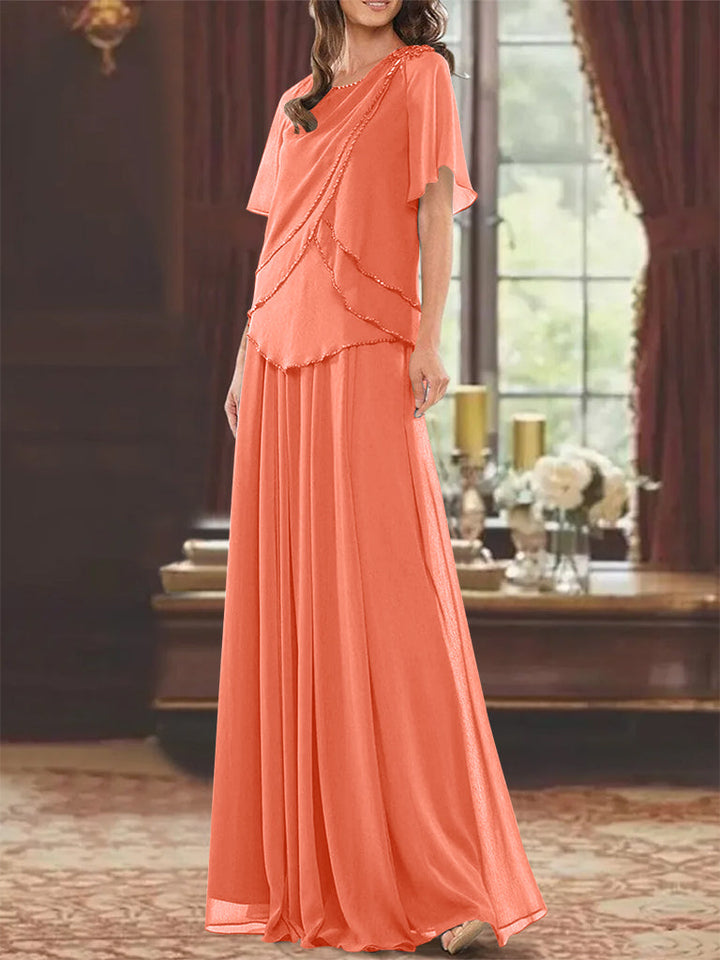 Robe de Mère de la Mariée Coupe A-Line/Princesse, Col Bijou, Manches Courtes, Longueur Au Sol, avec Plis et Perles