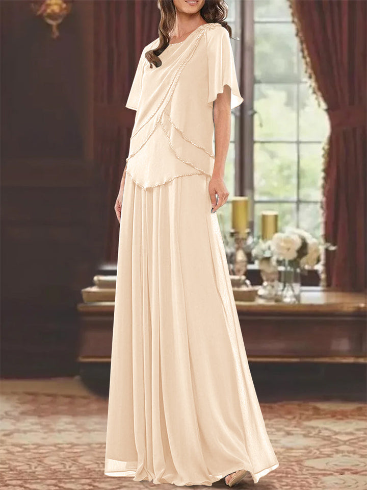 Robe de Mère de la Mariée Coupe A-Line/Princesse, Col Bijou, Manches Courtes, Longueur Au Sol, avec Plis et Perles