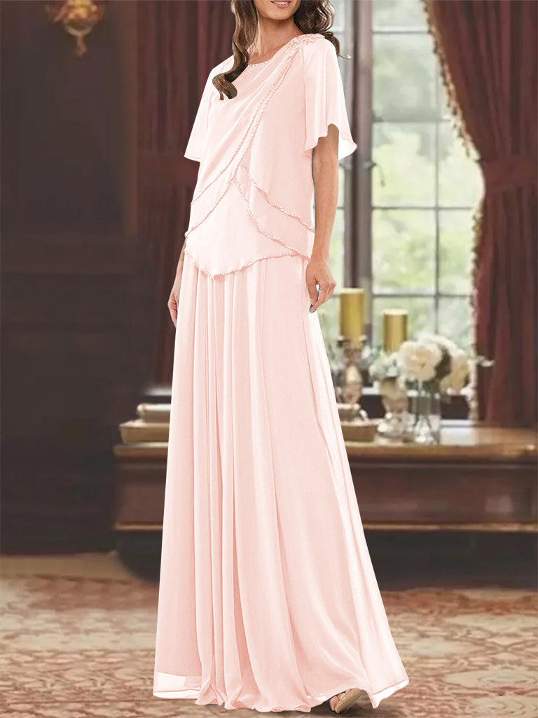Robe de Mère de la Mariée Coupe A-Line/Princesse, Col Bijou, Manches Courtes, Longueur Au Sol, avec Plis et Perles
