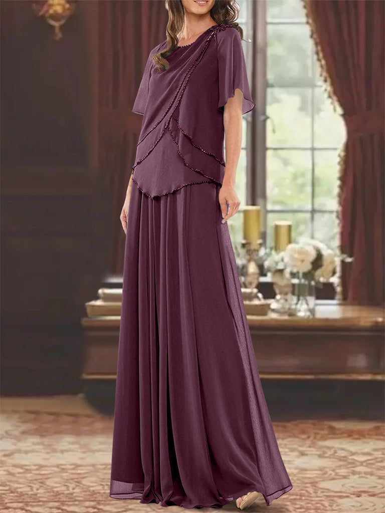 Robe de Mère de la Mariée Coupe A-Line/Princesse, Col Bijou, Manches Courtes, Longueur Au Sol, avec Plis et Perles