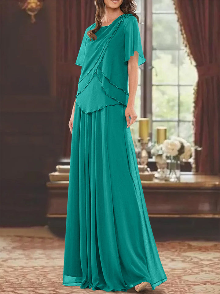 Robe de Mère de la Mariée Coupe A-Line/Princesse, Col Bijou, Manches Courtes, Longueur Au Sol, avec Plis et Perles