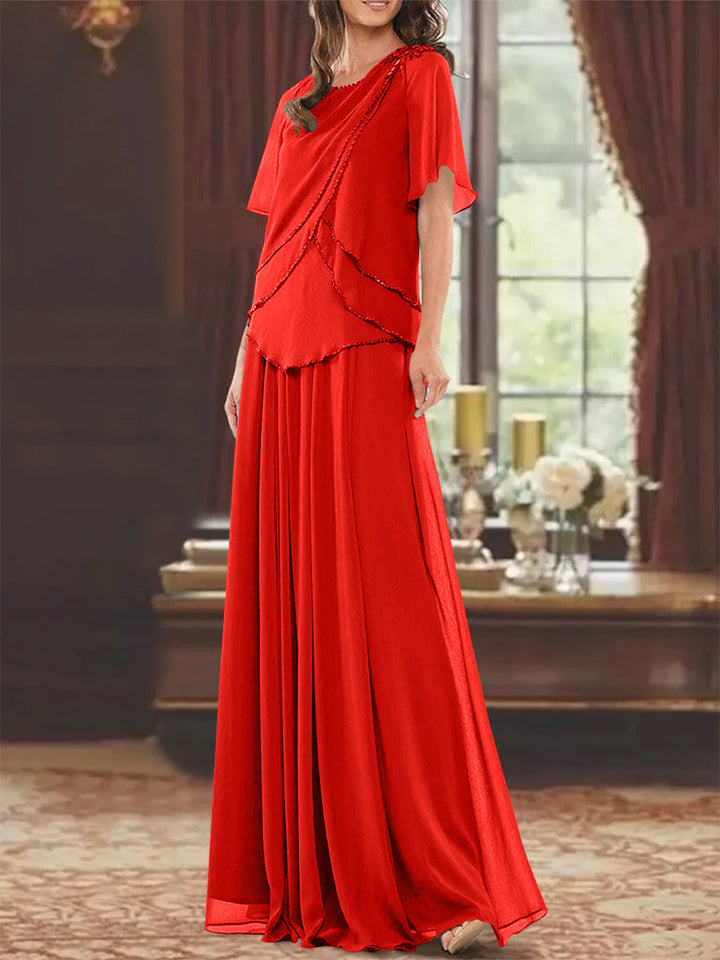 Robe de Mère de la Mariée Coupe A-Line/Princesse, Col Bijou, Manches Courtes, Longueur Au Sol, avec Plis et Perles