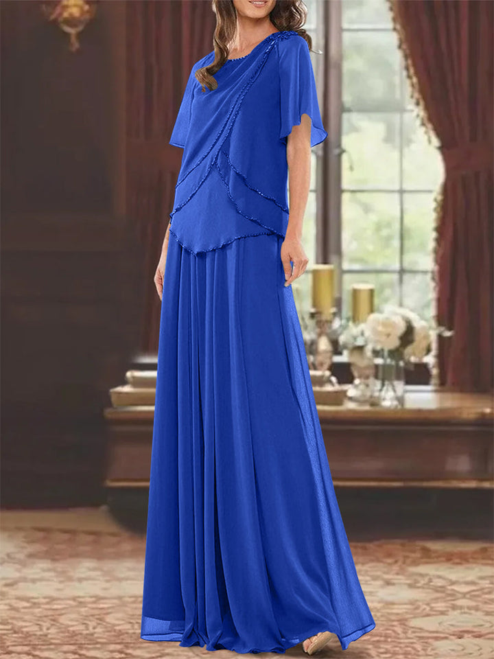 Robe de Mère de la Mariée Coupe A-Line/Princesse, Col Bijou, Manches Courtes, Longueur Au Sol, avec Plis et Perles
