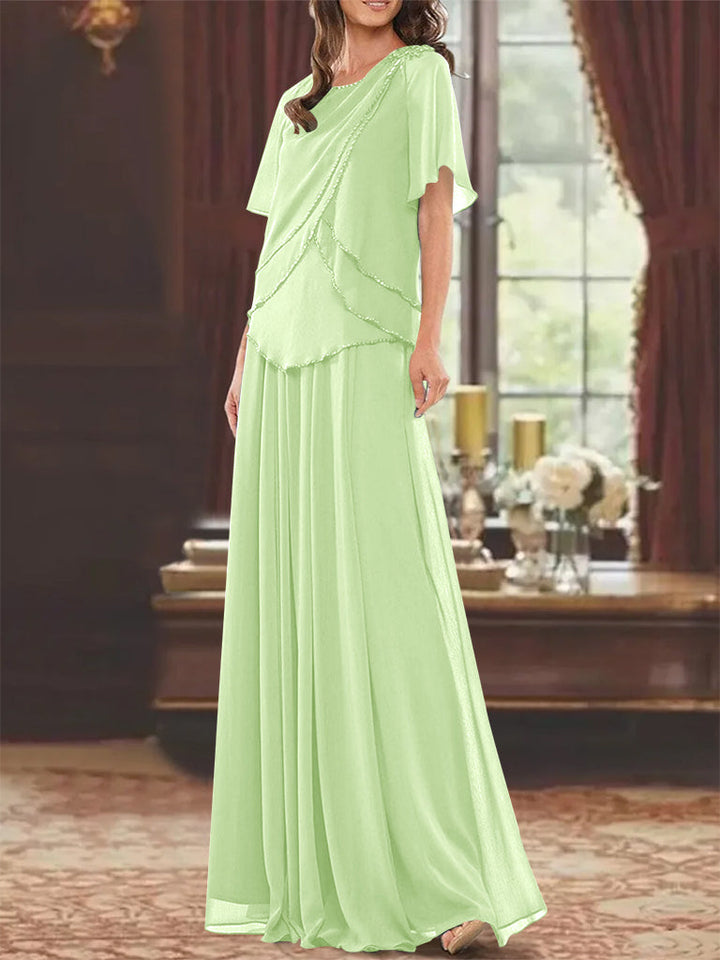 Robe de Mère de la Mariée Coupe A-Line/Princesse, Col Bijou, Manches Courtes, Longueur Au Sol, avec Plis et Perles