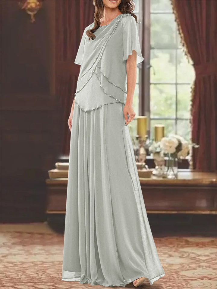 Robe de Mère de la Mariée Coupe A-Line/Princesse, Col Bijou, Manches Courtes, Longueur Au Sol, avec Plis et Perles