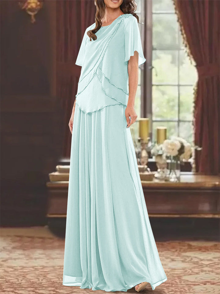 Robe de Mère de la Mariée Coupe A-Line/Princesse, Col Bijou, Manches Courtes, Longueur Au Sol, avec Plis et Perles