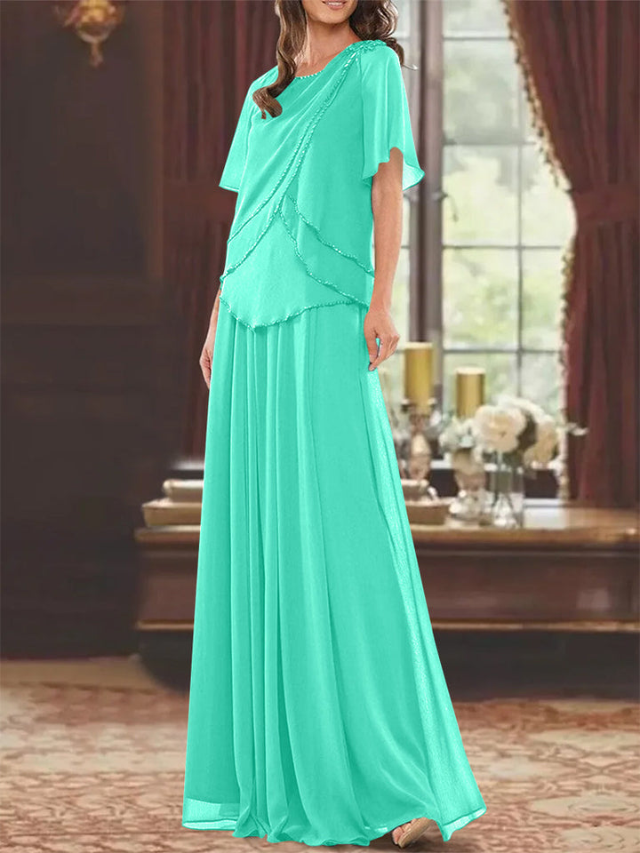 Robe de Mère de la Mariée Coupe A-Line/Princesse, Col Bijou, Manches Courtes, Longueur Au Sol, avec Plis et Perles