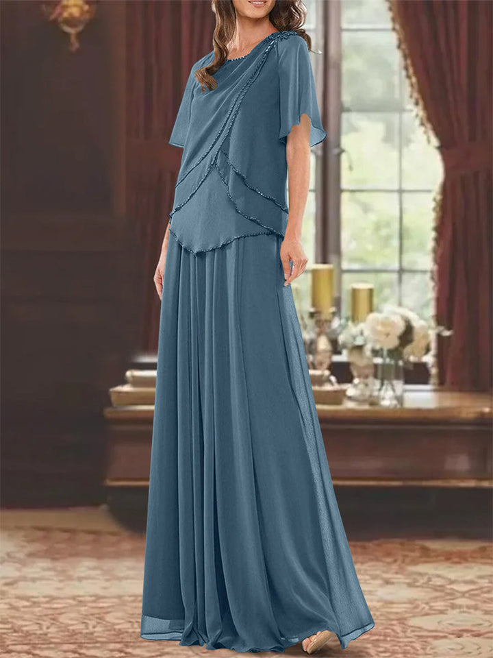 Robe de Mère de la Mariée Coupe A-Line/Princesse, Col Bijou, Manches Courtes, Longueur Au Sol, avec Plis et Perles