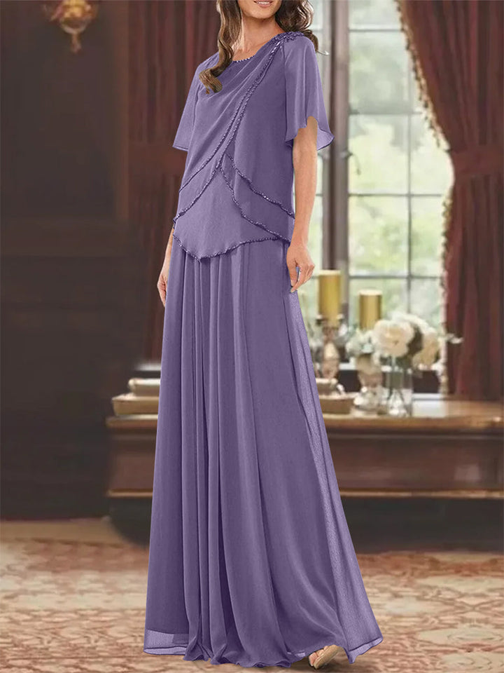 Robe de Mère de la Mariée Coupe A-Line/Princesse, Col Bijou, Manches Courtes, Longueur Au Sol, avec Plis et Perles