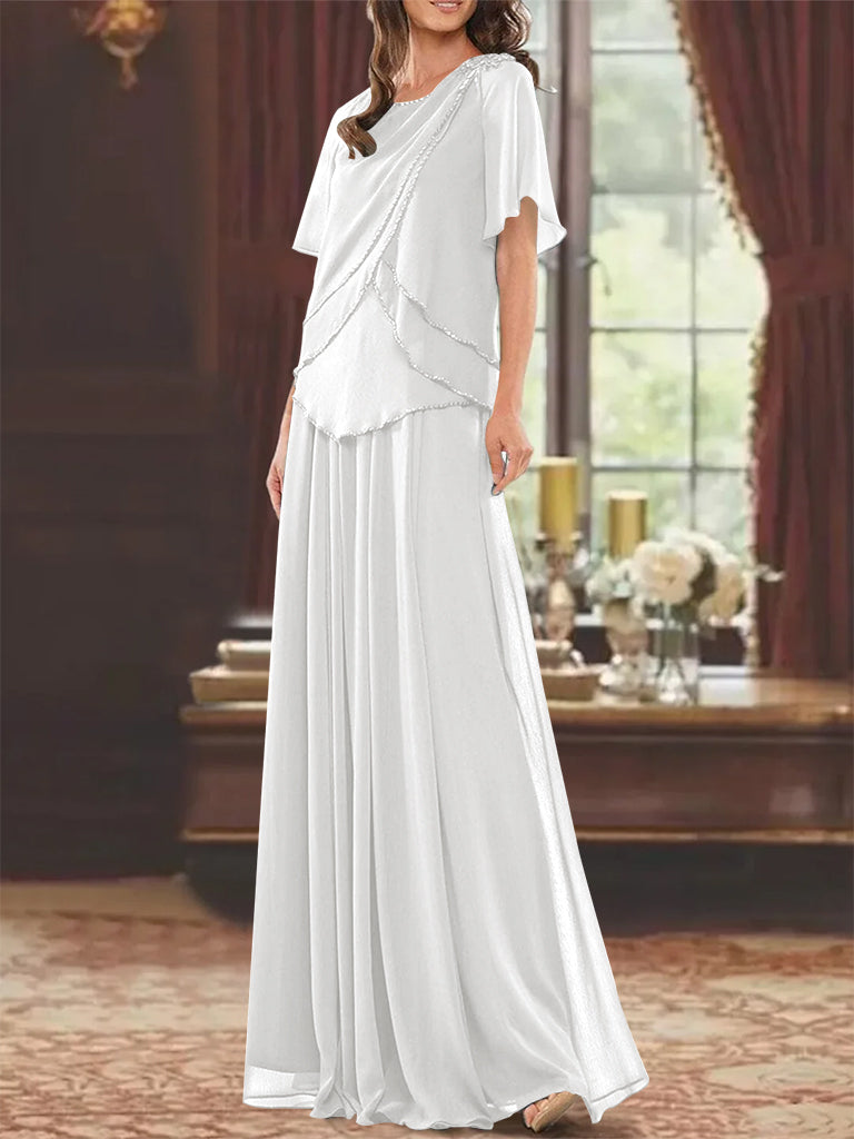 Robe de Mère de la Mariée Coupe A-Line/Princesse, Col Bijou, Manches Courtes, Longueur Au Sol, avec Plis et Perles