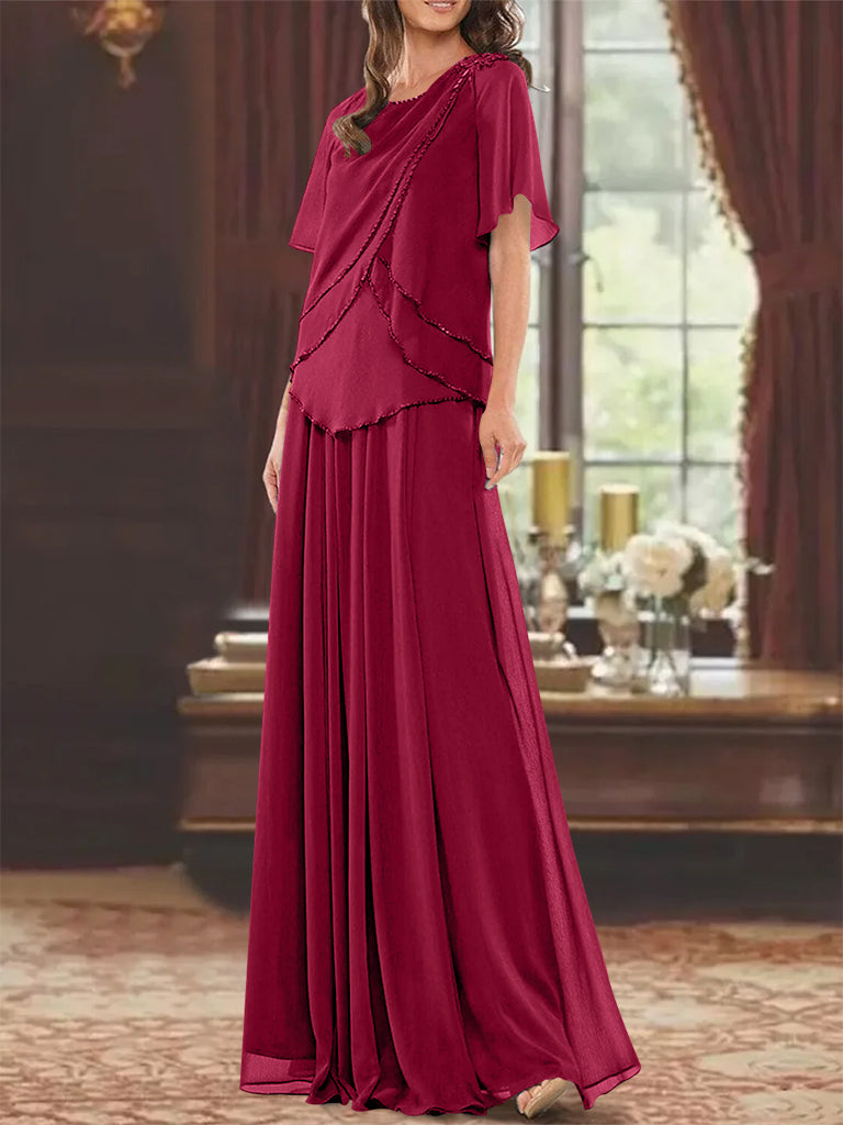 Robe de Mère de la Mariée Coupe A-Line/Princesse, Col Bijou, Manches Courtes, Longueur Au Sol, avec Plis et Perles