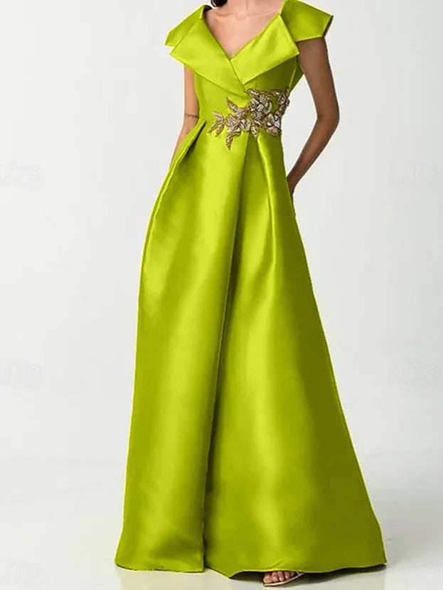 Robe de Mère de la Mariée en Satin à Manches Courtes et Col en V avec Strass