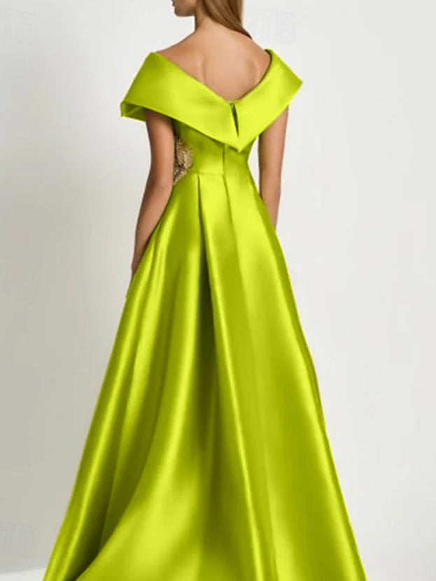 Robe de Mère de la Mariée en Satin à Manches Courtes et Col en V avec Strass