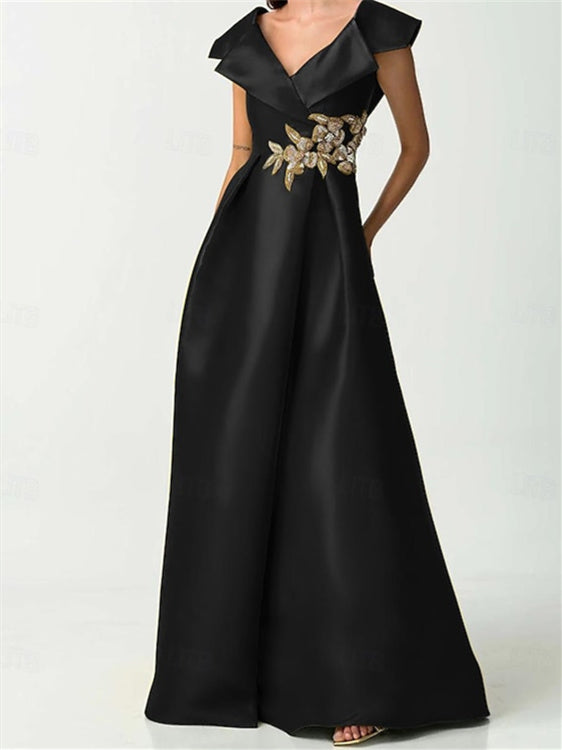 Robe de Mère de la Mariée en Satin à Manches Courtes et Col en V avec Strass