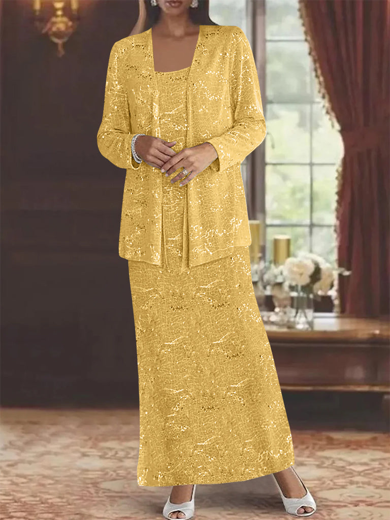 Robe de Mère de la Mariée en Mousseline de Soie, Longueur Cheville, avec Paillettes et Veste