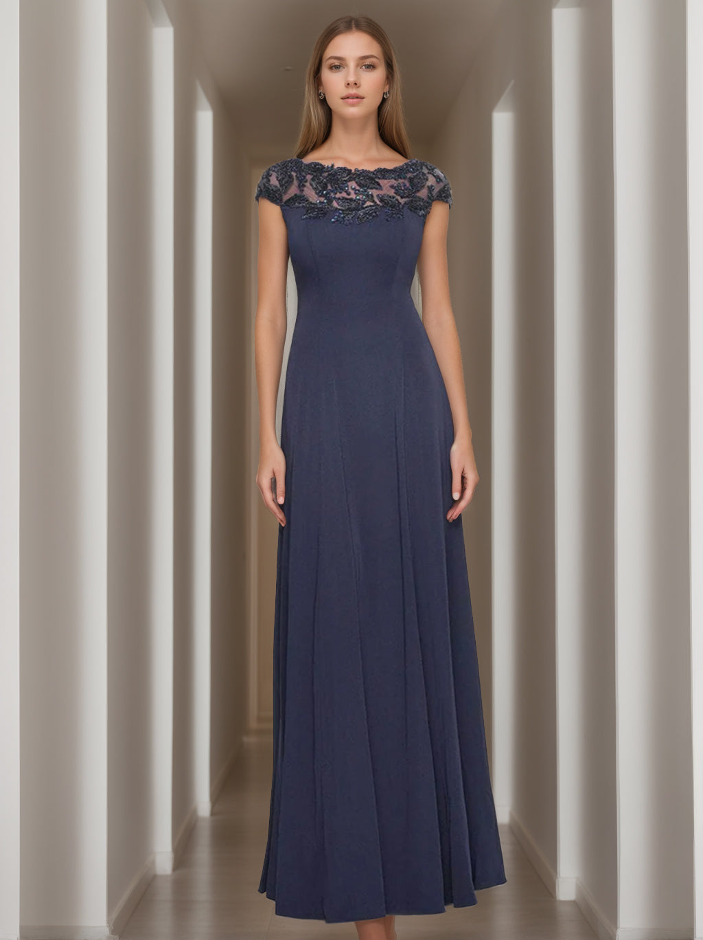 Robe de Mère de la Mariée Coupe A-Line/Princess à Manches Courtes et Col en V avec Appliques